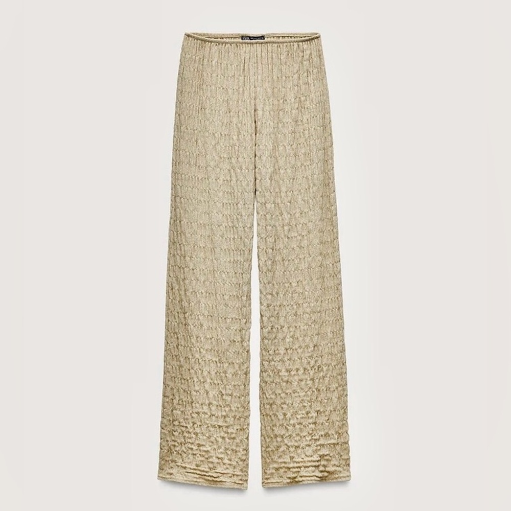 Zara NWT pale olive textured elastic waistband summer pull on pants - Picture 2 of 5